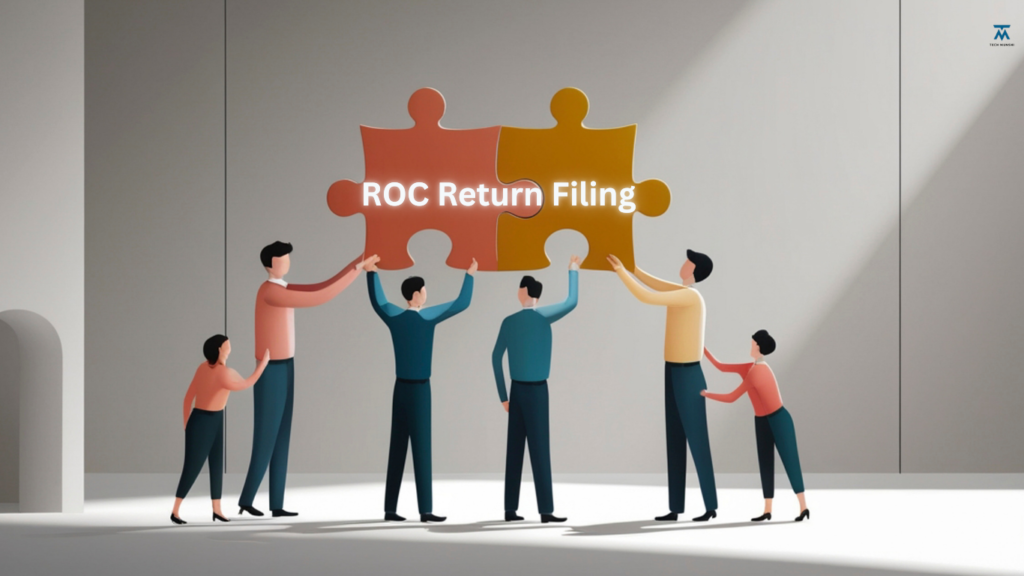 **Short SEO Alt Text:** Professionals working together on ROC return filing, symbolizing company compliance and annual ROC filing in India.