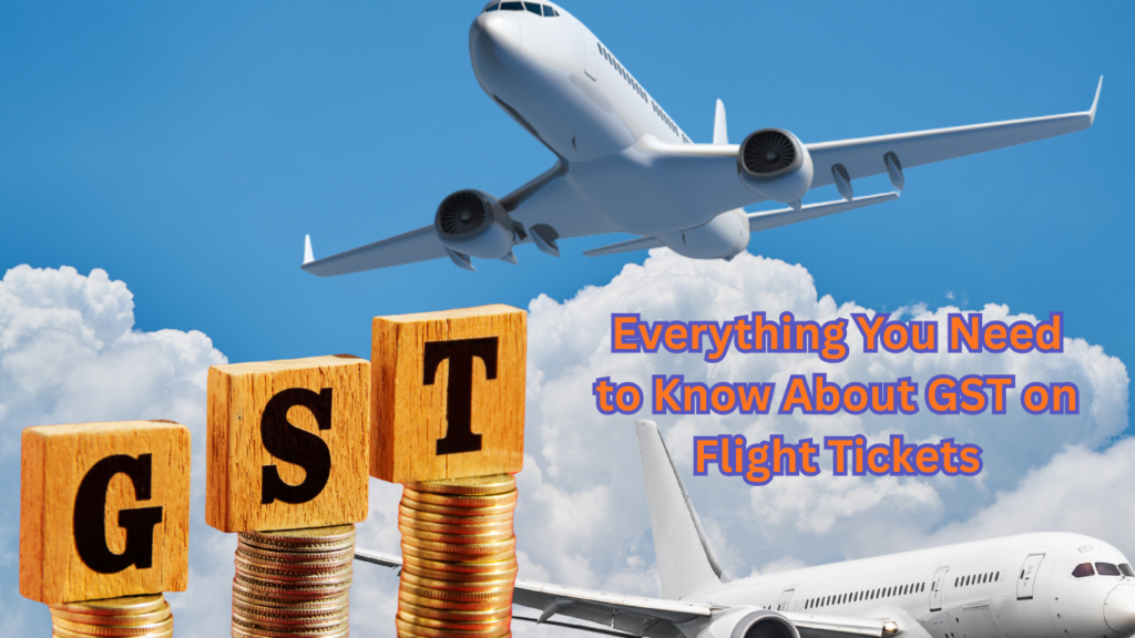 GST on flight tickets in India concept with airplane in sky and wooden blocks showing GST on coins representing air travel tax rates.