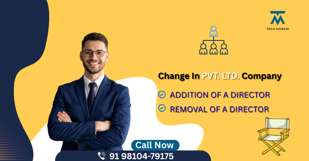 Change in Pvt Ltd Company banner showing addition and removal of a director with Tech Munshi branding and contact number for director change services.