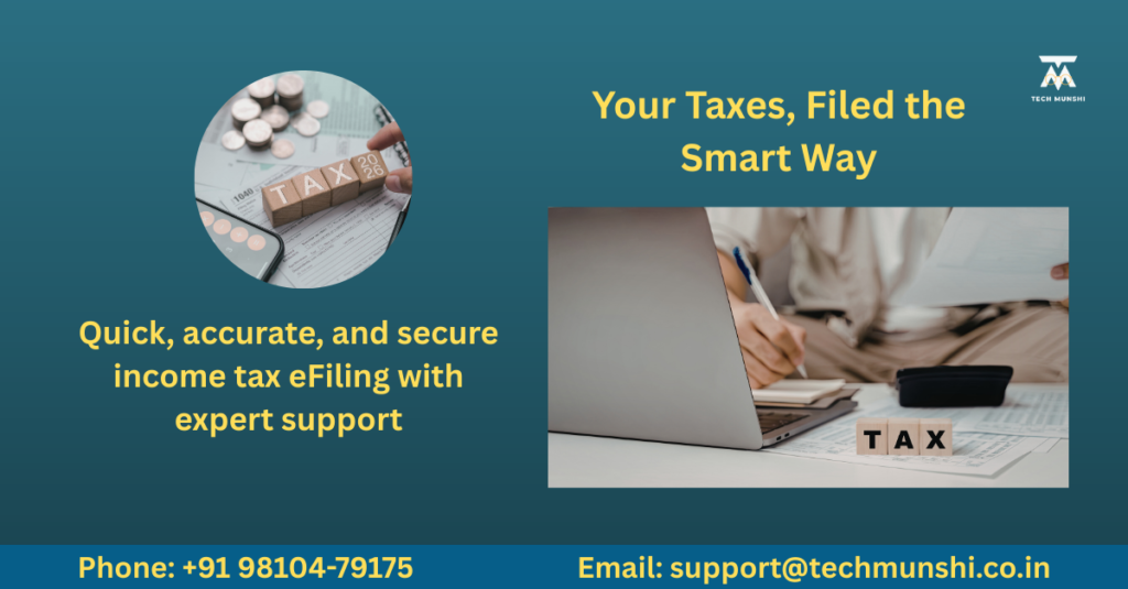 Promotional banner for income tax eFiling services showing laptop, tax documents, wooden TAX blocks, and contact details for expert ITR filing support.